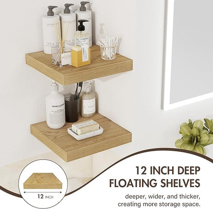 12 Inch Floating Shelves, 12" Deep Floating Shelf Wall Mounted, 12" Wall Shelves, Rustic Deep Bookshelf, Extra Deeper Display Shelves & Storage Shelves for Bedroom, Living Room, Set of 3