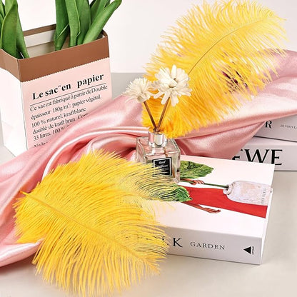 THARAHT Golden Yellow Ostrich Feathers 24pcs Natural Bulk 8-10Inch 20cm-25cm for Crafts Wedding Party Centerpieces Halloween and Home Decoration Feathers
