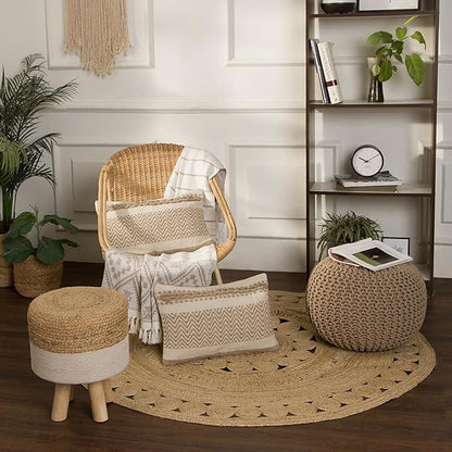 REDEARTH Round Pouf Ottoman - Hand Knitted Cable Boho Poof Home Décor Pouffe Circular Footrest for Living Room - Bedroom - Lounge - 100% Cotton (19.5"x19.5"x14") - Beige