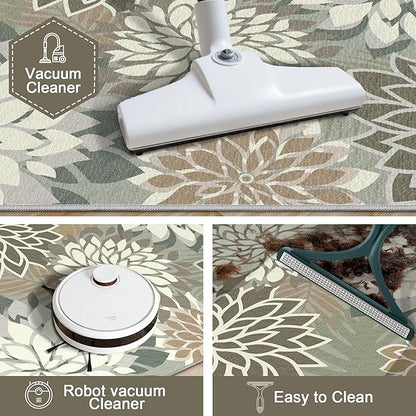 Area Rug 3x5 Brown White Washable Entry Rug Multicolored Tropical Botanical Modern Floral Indoor Kitchen Door Mat Entrance Carpet Non Slip for Bedroom Living Room, Porch