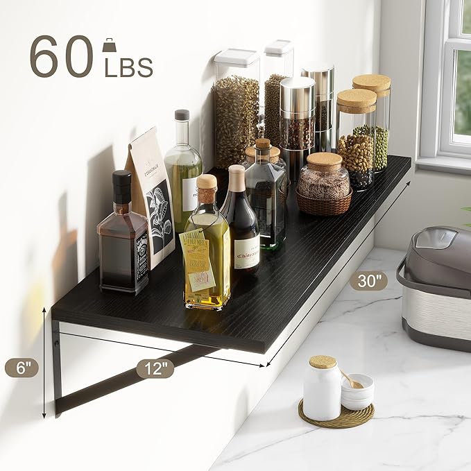 12 Inch Deep Floating Shelves, 30W x 12D Wall Shelves with Brackets, Black Floating Shelves 30 Inch Long, Rustic Wood Wall Shelf, Wide Storage Display Shelf for Kitchek, Living Room, Bathroom