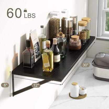12 Inch Deep Floating Shelves, 30W x 12D Wall Shelves with Brackets, Black Floating Shelves 30 Inch Long, Rustic Wood Wall Shelf, Wide Storage Display Shelf for Kitchek, Living Room, Bathroom