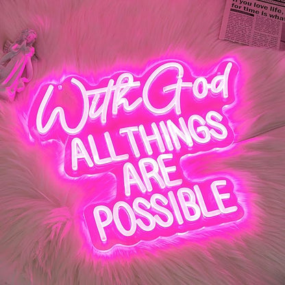 "With God All Things Are Possible" Neon Sign God Neon Light for Wall Decor Letter LED Neon Sign Pink LED Neon Light Dimmable Neon Signs for Bedroom Wedding Church Decoration