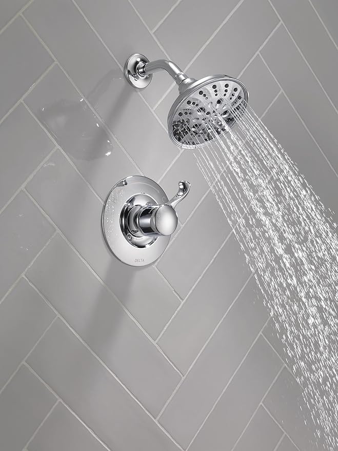 Delta Faucet Esato 14 Series Single-Handle Chrome Shower Faucet, Shower Trim Kit with 5-Spray H2Okinetic Chrome Shower Head, Chrome 142897 (Valve Included)