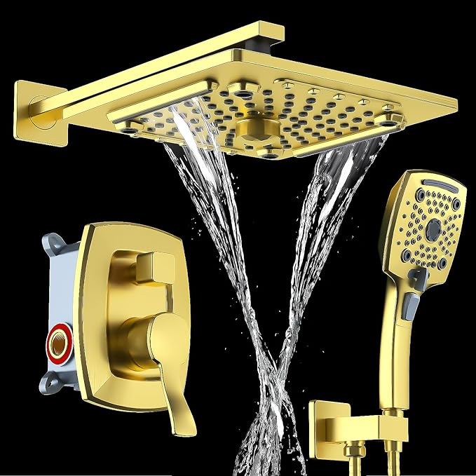 ELLO&ALLO Bathroom Shower Faucet Set Mixing Valve and Trim Kit, Complete Shower System with Rough-in Valve, Brushed Gold