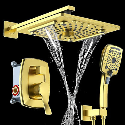 ELLO&ALLO Bathroom Shower Faucet Set Mixing Valve and Trim Kit, Complete Shower System with Rough-in Valve, Brushed Gold