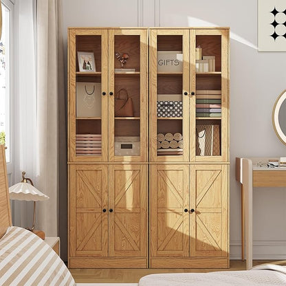 71" Tall Bookcases Set of 2, Bookshelves with Doors, 5-Shelf Bookcase with Storage, Wooden Bookshelf Floor Standing Display Storage Shelves Home Decor Furniture for Living Room,Bedroom,Natural