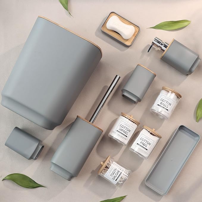Bathroom Accessories Set,Grey Bathroom Set,24 Pieces Bathroom Accessory Set with Shower Curtain,Trash Can for Bathroom Accessories Décor and Home Gifts