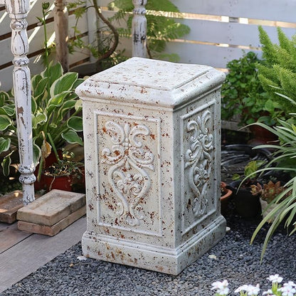 Vintage Garden Urn Planter with Pedestal, Cement and Fiber, Maked Antique, Decorative Leaf Pattern, 14.2x11.8 Inch Pot with 19.3 Inch Stand, Wrap Foam Safely Delivered from Local Warehouse (Antique)