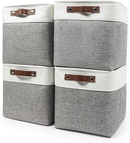 Collapsible Fabric Storage Cubes 11x11 Cube Storage Bins, 4 Pack Closet Baskets Box with Handles for Organizing, Shelf, Toys, Clothes, Home, Office, Nursery (Grey&White)