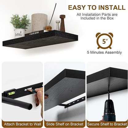 30 Inch Floating Shelves, Rustic Floating Wall Shelves 8 Inch Deep, 30 x 8 Floating Shelves for Home Decor, Deep Display & Storage Shelves for Kitchen, Bathroom, Living Room, Black Color, Set of 2