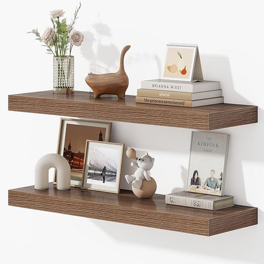32 Inches Floating Shelves for Wall, 9.3" Deep Long Floating Shelves Set of 2, Large Display & Storage Shelf, Wall Shelf for Bathroom Bedroom Living Room Kitchen Office, Walnut