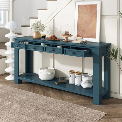 Solid Wood Console Table,63 in Long Sofa Table Entryway Table with 4 Drawers and Bottom Shelf for Hallway Living Room Couch Table,Fully Assembled (63" Dark Blue)