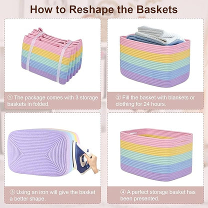 Shelf Baskets for Organizing, Woven Storage Basket for Shelves，Cotton Rope Storage Bins for Toys Books, Nursery Towel Baskets for Classroom, 14.96"X9.8"X8.85", 3-Pack Pastel Rainbow