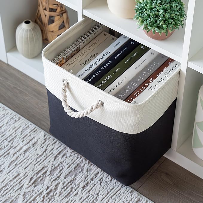 OrganiHaus 13x13 Cube Storage Bins 4 Pack, Foldable Cube Storage Organizer w/ Rope Handles, Collapsible Fabric Bins for Toys, Clothes & Closet Organization, Fabric Square Baskets - Black/White