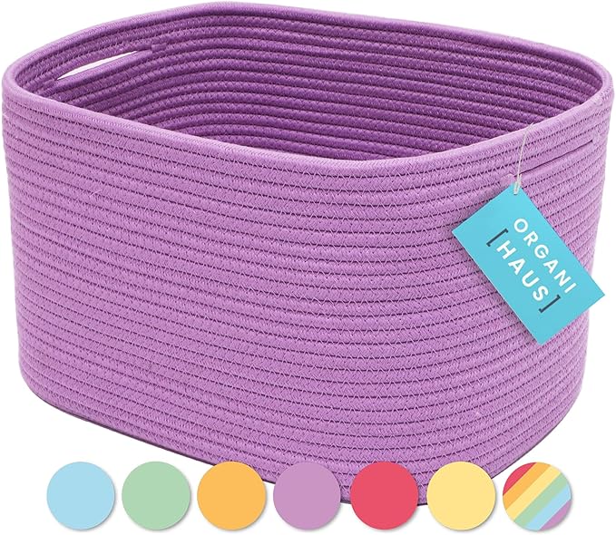 OrganiHaus Woven Storage Baskets for Organizing, Cotton Rope Organizer Bins for Shelves, Closet & Nursery, Dog Toy Basket, Decorative Bins for Toys, Towels & Books - 15x10x9, Purple