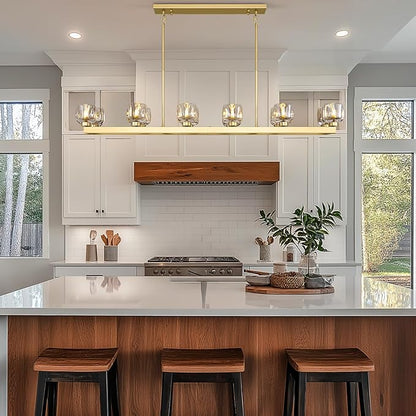 59 Inch Brass Rectangle Wagon Wheel Chandeliers, Gold Chandelier for Dining Room Over Table, Modern Crystal Long Chandelier, Farmhouse Large Linear Chandeliers for Kitchen Island