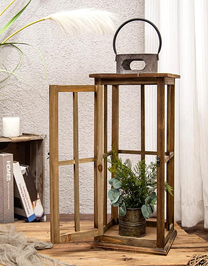 TIMRIS Large Farmhouse Wooden Metal Lantern Set of 2, Rustic Decorative Floor Candle Lanterns, Vintage Distressed Hanging Lanterns for Home Décor (No Glass)