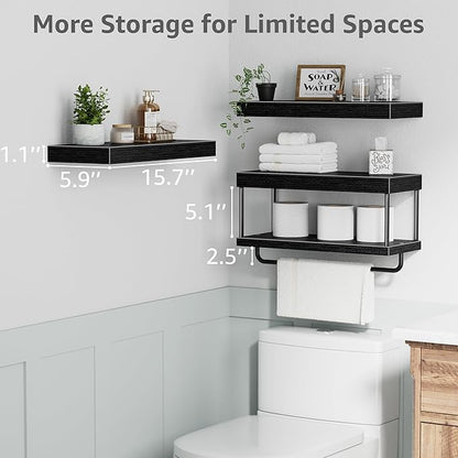 QEEIG Bathroom Floating Shelves Over Toilet - Wall Mounted Shelf Toilet Paper Storage Farmhouse 16 inch Set of 3, Black (027-40B3)