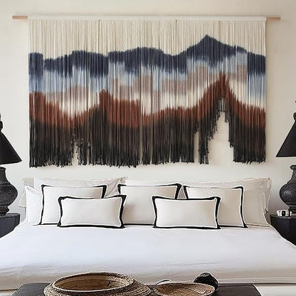 Flber Large Macrame Wall Hanging 57" W x 31" L Handmade Dip Dye Tapestry Bohemian Fiber Art Wall Hanging Mountain Inspired Wall Tapestry Neutral Rustic Wall Decor for Bedroom Living Room