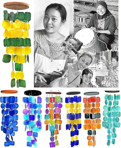 Bellaa 24896 Wind Chimes Outdoor, Garden Decorations, Musical, Indoor/Outside Windchimes, Beach, Ocean Breeze, Gifts for Mom, Gift for All Occasions, Capiz Sea Glass Shells Wood Yellow Green