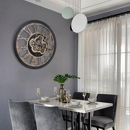 The B-Style Large Wall Clock 18 inch Moving Gear Wall Clock Oversized Vintage Farmhouse Wall Clocks for Living Room Decor Rustic Industrial Wood Clock (Black)