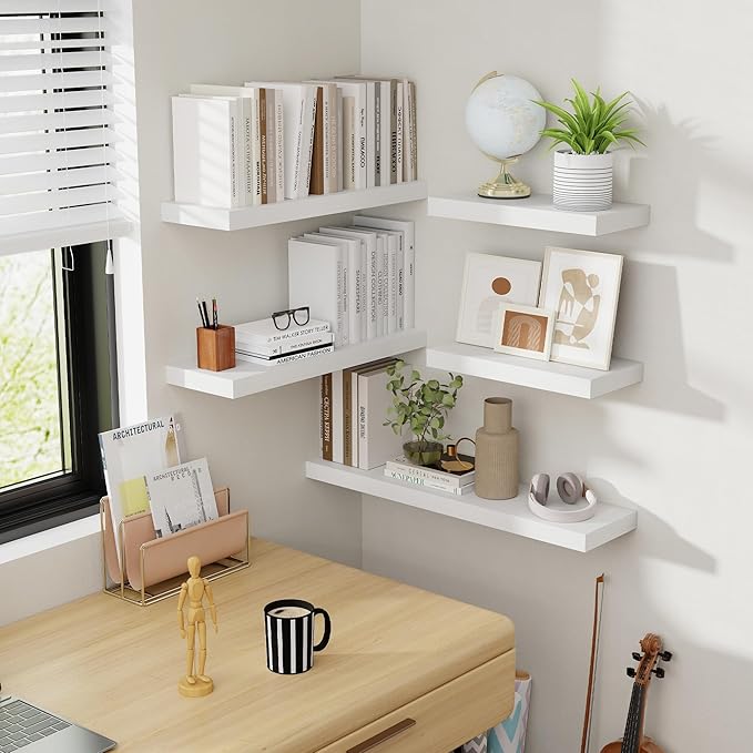 40 Inch Floating Shelves, 8 Inch Deep Floating Shelves for Wall, Hanging Shelf with Invisible Brackets, Deep Shelves for Bathroom, Bedroom, Living Room, White, Set of 2