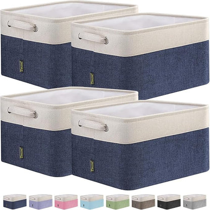 BALEINE 4 Pack Fabric Storage Bins for Shelves, Linen Storage Baskets for Organizing, Decorative Closet Bins for Clothes, Home (Navy Blue, 12"x8"x8")