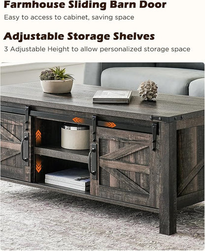 OKD 48" Farmhouse Lift Top Coffee Table with Sliding Barn Door,Rustic Center Table with Hidden Storage Compartment,Lifting Tabletop and Adjustable Shelf for Living Room,Office,Dark Rustic Oak