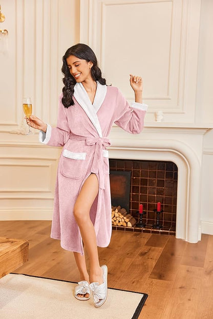 Ekouaer Robes for Women Soft Long Bathrobe Lightweight Fleece Shawl Collar Spa Robe Cozy Sleepwear with Pockets S-XXL