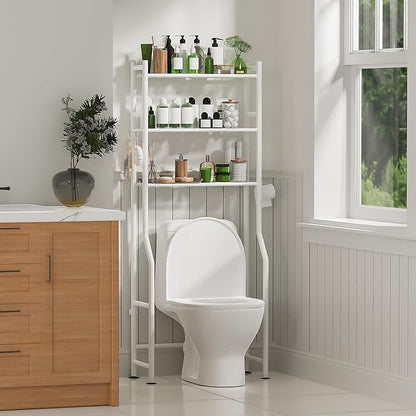 3-Tier Over The Toilet Storage with Paper Holder, Metal Bathroom Organizers and Storage for Small Space, Freestanding Bathroom Shelves with 4 Hooks, Above The Toilet Storage Shelf, White