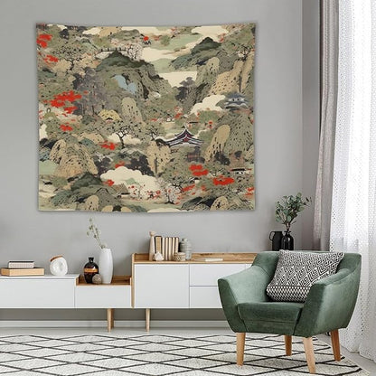 Asian Tapestry,Japanese Red Landscape Asian Watercolor Abstract Art Tapestry, Asian Japanese Wall Tapestry, Nature Landscape Tapestries for Bedroom Living Room Decor 60"x50"