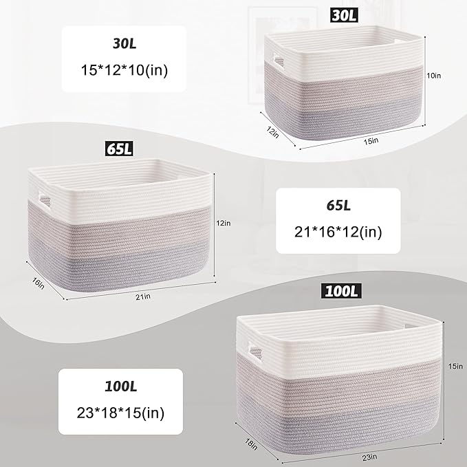 Blanket Basket,Rectangle Woven Baskets for Storage,100L Laundry Basket for Decorative Nursery Blanket,Toys,Dirty Clothes and Magazine in Shelves,Baby Room,and Living Room