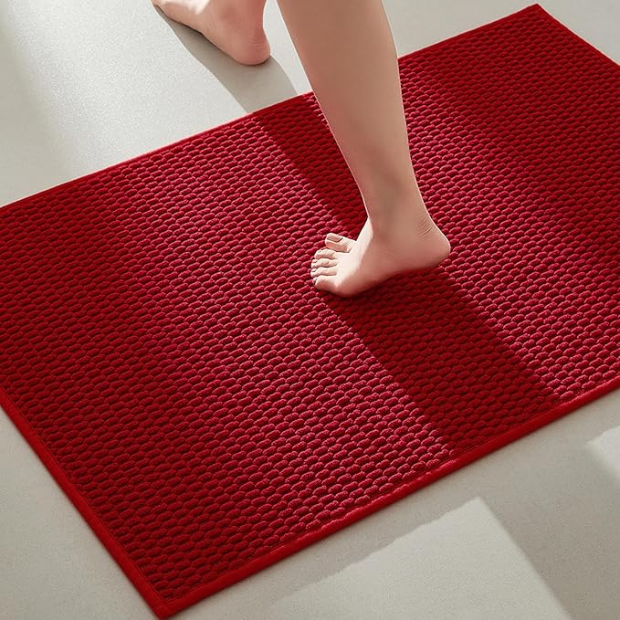 Bathroom Rugs Non Slip Washable, Super Absorbent Thin Bath Mat Quick Dry Low Pile Bathroom Rug, Red 24"x36"