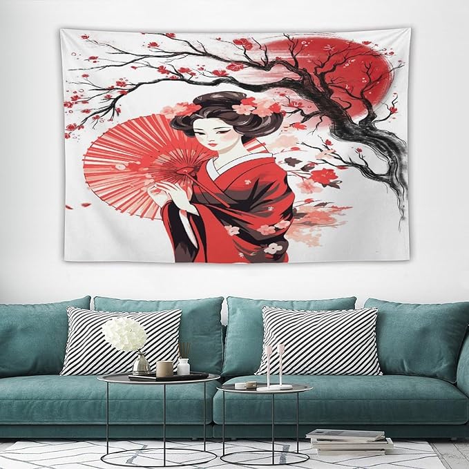 Japanese Red Geisha Tapestry Asian Cherry Blossom Traditional Kimono Folk Tapestries Home Decor for Living Room Bedroom Apartment Farmhouse Dorm 60"x40"