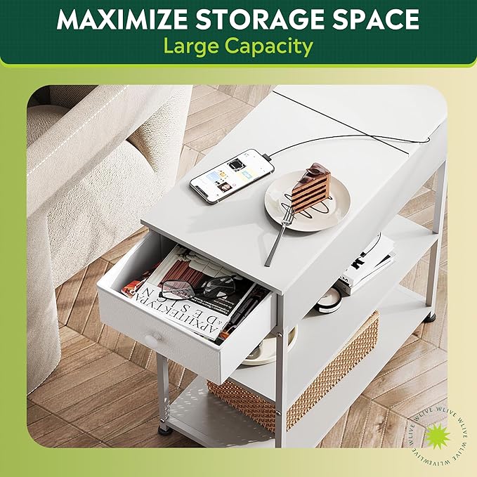 WLIVE Narrow Side Table with Charging Station, Couch Side Table for Living Room, Narrow End Table for Bedroom with Fabric Drawer, USB Ports and Power Outlets, 11.8‘’W 23.6‘’L 24‘’H, White