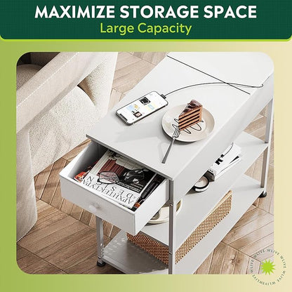 WLIVE Narrow Side Table with Charging Station, Couch Side Table for Living Room, Narrow End Table for Bedroom with Fabric Drawer, USB Ports and Power Outlets, 11.8‘’W 23.6‘’L 24‘’H, White