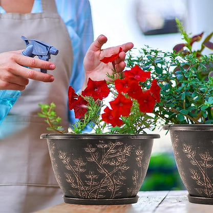 12-inch-Flower-Pots-Outdoor-Indoor, 4 Pack Plastic Planter Pots for Plant with Drainage Hole Saucer, Decorative Resin Garden Container with Tray