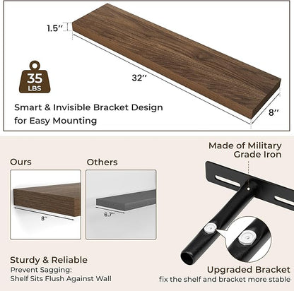 RICHFOCUS 31.5Inch Floating Shelves for Wall 2 Pack Shelves for Bedroom|Kitchen|Bathroom Wall Mounted Rustic Wood Floating Shelf with Invisible Brackets for Books|Storage|Decor, Walnut