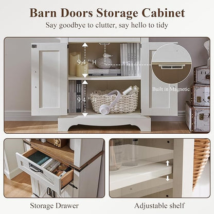 RedLemon Bookshelf with Storage Cabinet, 72" Tall Farmhouse Bookcase with Adjustable Shelves and Barn Door, 4 Tier Office Wood Bookshelf with Drawer for Office Library Living Room (Antuique White)