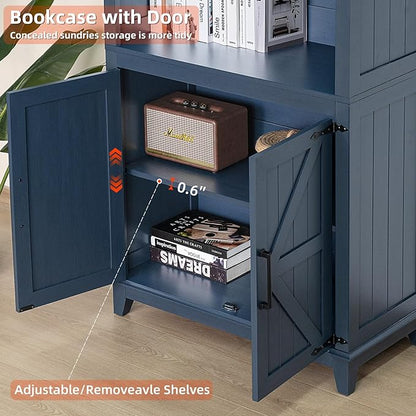 5 Tier Bookshelf 70in Tall Bookcase with Barn Doors and Storage Cabinet, Blue Farmhouse Book Shelf with Adjustable Shelves, Wood Freestanding Display Bookshelves for Bedroom, Kitchen (3PCS)