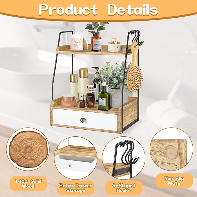 2 Tier Bathroom Counter Organizer with Drawer, Wood Bathroom Storage Shelf Counter for Cosmetic Vanity Tray Kitchen Spice Rack Coffee Station Organizer, Bathroom Decor