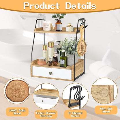 2 Tier Bathroom Counter Organizer with Drawer, Wood Bathroom Storage Shelf Counter for Cosmetic Vanity Tray Kitchen Spice Rack Coffee Station Organizer, Bathroom Decor