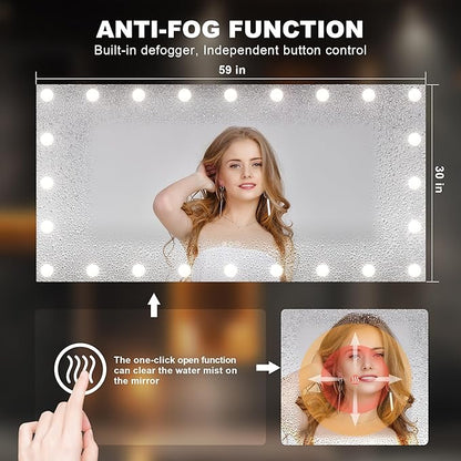 Hasipu LED Bathroom Mirror with Lights, 59" x 30" Hollywood Wall-Mounted Bathroom Mirror with 24 Dimmable Bulbs, 3 Colors Modes, Touch Control, Anti-Fog, Memory Function, Shatter-Proof, ETL Listed