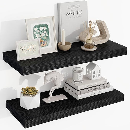24 Inch Floating Shelves, 24"x9.25"x1.5" Inch Deep Floating Shelves for Wall, Wooden Shelves for Bathroom, Bedroom, Living Room, Black, 2 Pieces