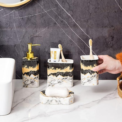 4 Piece Bathroom Accessories Set - Black and White Includes Lotion Dispenser, Toothbrush Holder Tumbler, and Soap Dish - Glossy Finish (Marble, Black, and White)