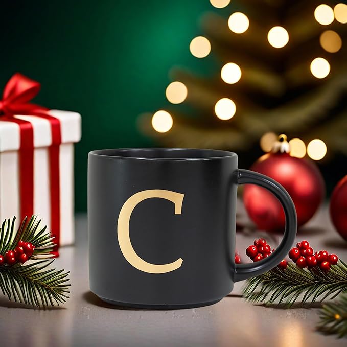 COLLECTIVE HOME - Monogram Ceramic Mugs, 15 oz Golden Initial Black Coffee Cups, Elegant Alphabet Tea Mugs, Elegant Personalized Mug with Gift Box, Unique Mug with Double Side Capital Lette (C)