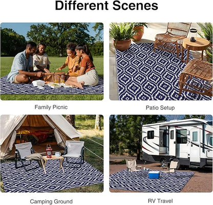 OLANLY Outdoor Rug 5x8 ft Waterproof, Outdoor Plastic Straw Rug with Geometric Pattern Clearance, Reversible RV Mat for Patio, Camping, Balcony, Deck, Backyard, Navy & White