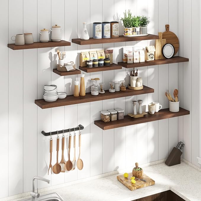 16 Inch Floating Shelves for Wall Set of 2, 8"D Wood Grain Bathroom Shelves with Invisible Brackets, Easy Install Engineered Wood Storage Shelves for Kitchen, Living Room, Bedroom, Walnut Finish