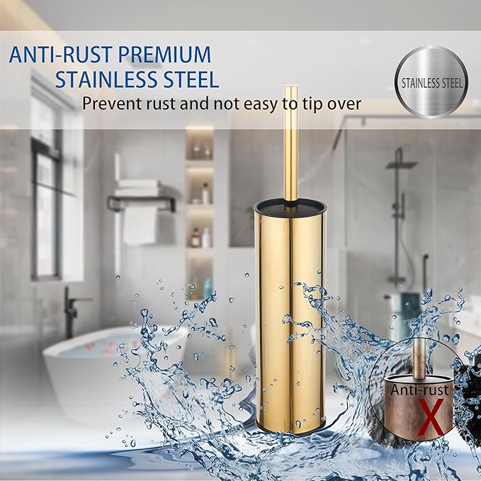 BGL Gold Toilet Brush and Holder, Stainless Steel Toilet Brush with PP Fiber Bristles, Round, 1 Pack